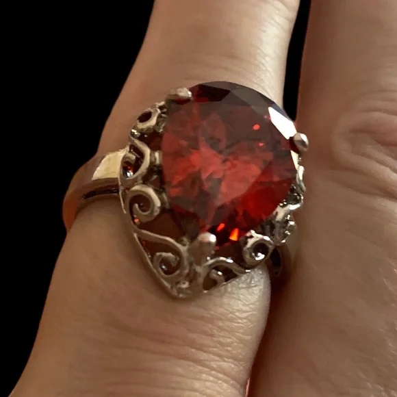Garnet Amber Red Cz Silver Pear Shape Dinner Cocktail Ring Women’s Jewelry - Picture 3 of 12